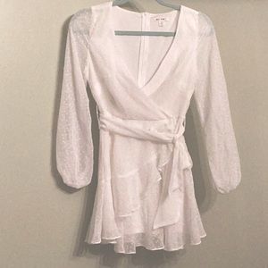 Sheer long sleeves white ruffle wrap dress